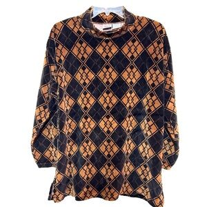 Vintage 80’s Jason Maxwell Velour Mock Neck Top Geometric Diamond Print Large 80